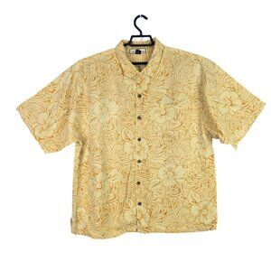 Mens Tommy Bahama Yellow Striped 100% Silk Shirt Button Up Short Sleeve Size XL
